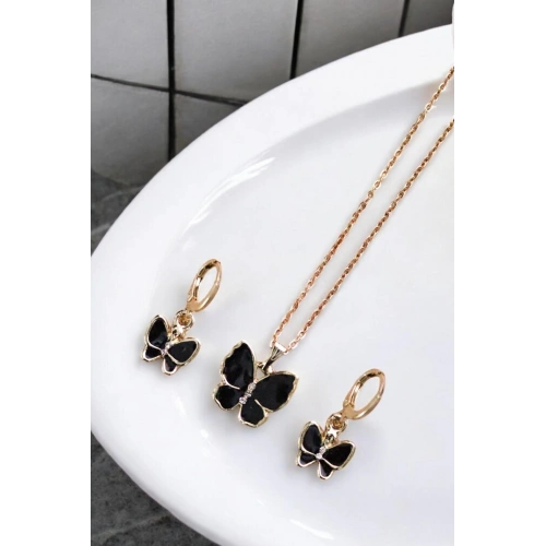 Kelebek Tasarımlı Gold Renkli Kolye Küpe Seti