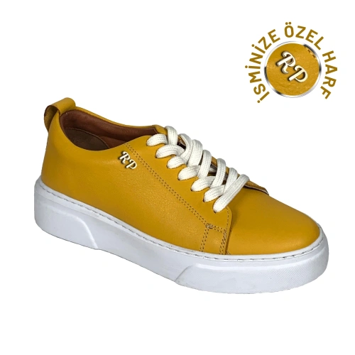 Kişiselleştirilebilir Kalın Ortopedik Tabanlı %100 Deri Sneaker Spor Ayakkabı - Sarı