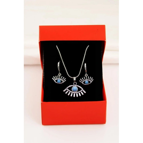 Göz Tasarımlı Gümüş Renkli Kolye Küpe Takımı