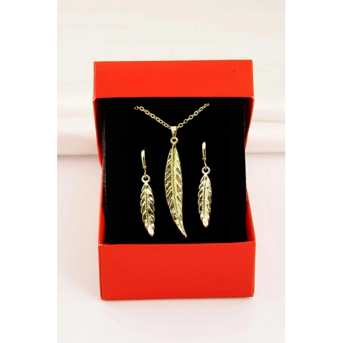 Yaprak Tasarımlı Gold Renkli Kolye Küpe Takımı