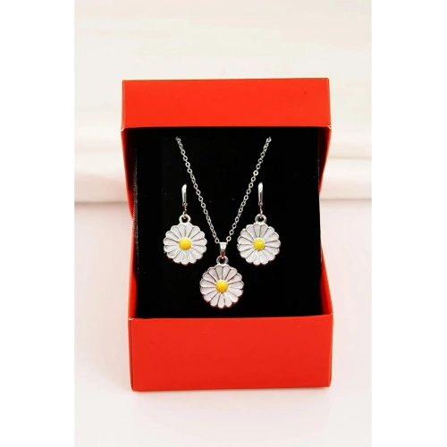 Papatya Tasarımlı Özel Yılan Zincirli Gümüş Renkli Kolye Küpe Takımı