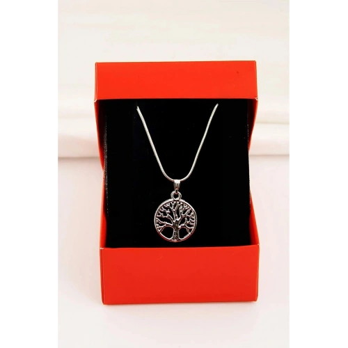 Yaşam Ağacı Tasarımlı Özel Yılan Zincirli Gümüş Renkli Kolye
