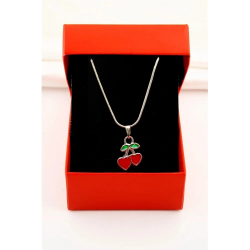 Kalp Kiraz Tasarımlı Özel Yılan Zincirli Gümüş Renkli Kolye