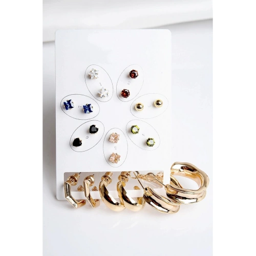 Halka Tektaş Ve Top Küpeli Zirkon Taşlı Gold Ve Gümüş Kaplamalı 10lu Küpe Seti
