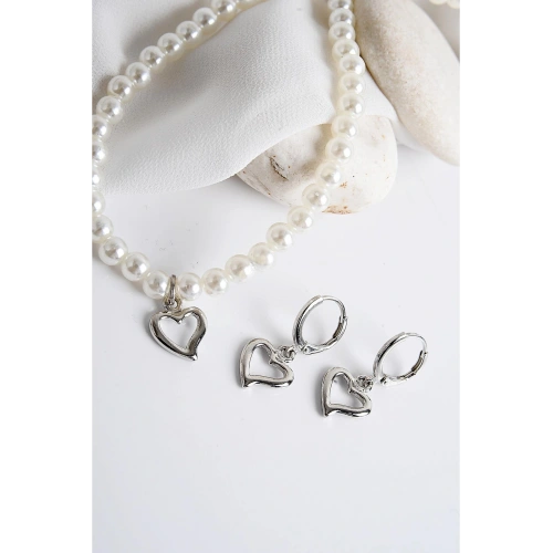 Kalp Tasarımlı İnci Taşlı Kolye Küpe Takım