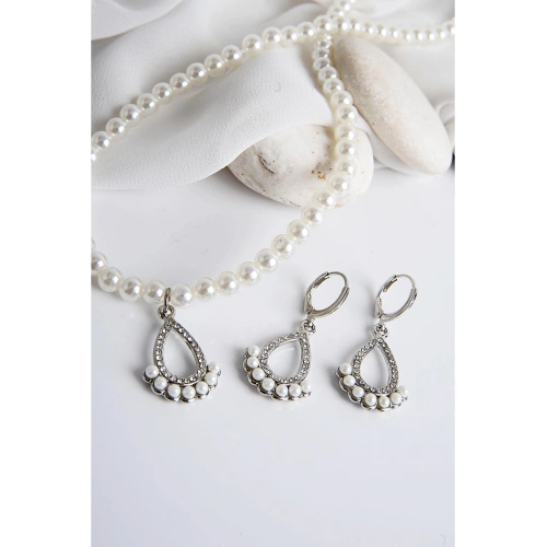 Damla Tasarımlı İnci ve Zirkon Taşlı Kolye Küpe Takım