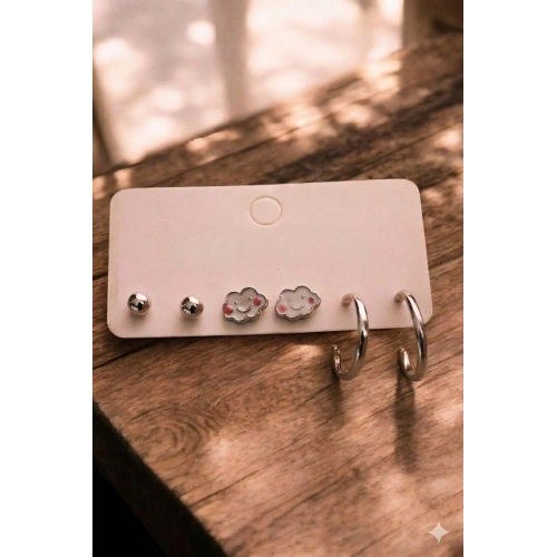 DamlaTasarımlı Beyaz Taşlı Sallantılı Küpe Halka Küpe 3lü Set