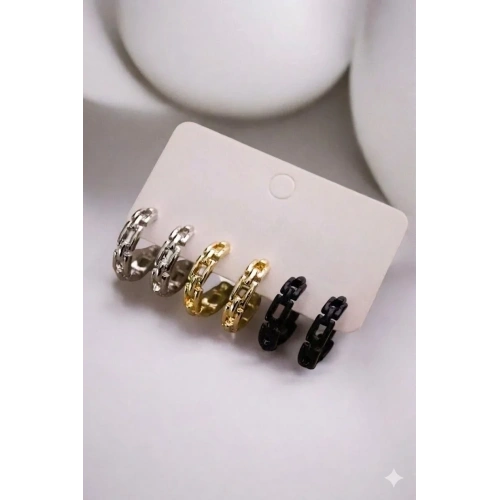 Gold Gümüş ve Siyah Renkleri 3lü Halka Küpe Seti