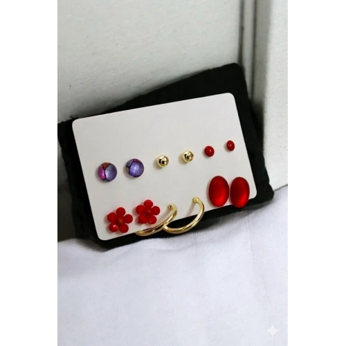 Halka Papatya Rengarek Küpe Tasarımlı Top ve Tektaşlı 6lı Kırmızı Küpe Seti