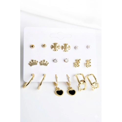 Kalpli Kar Taneli Kral Tacı ve Yılan Tasarımlı İnci Zirkon Halka ve Top Küpeli 9lu Küpe Seti