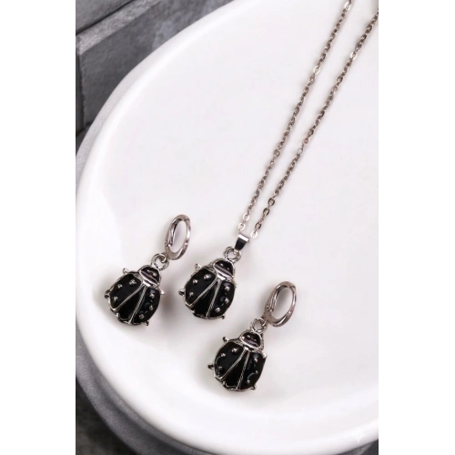 Siyah Uğur Böceği Tasarımlı Kolye Küpe Takım