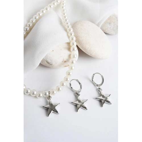 Yıldız Tasarımlı İnci Taşlı Kolye Küpe Takım