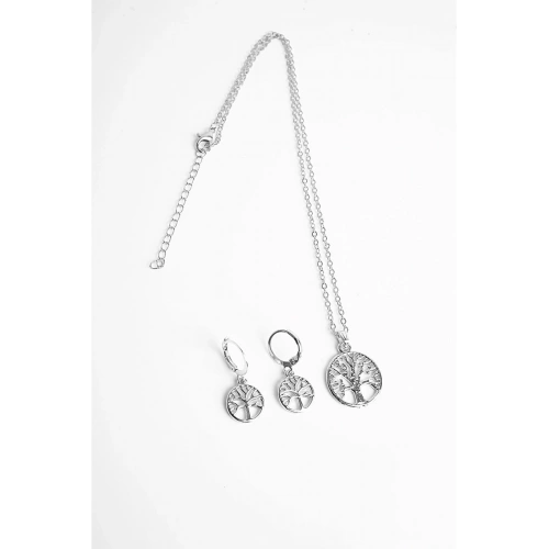 Yaşam Ağacı Tasarımlı Gold ve Gümüş Renkleri Kolye Küpe Takım Seti