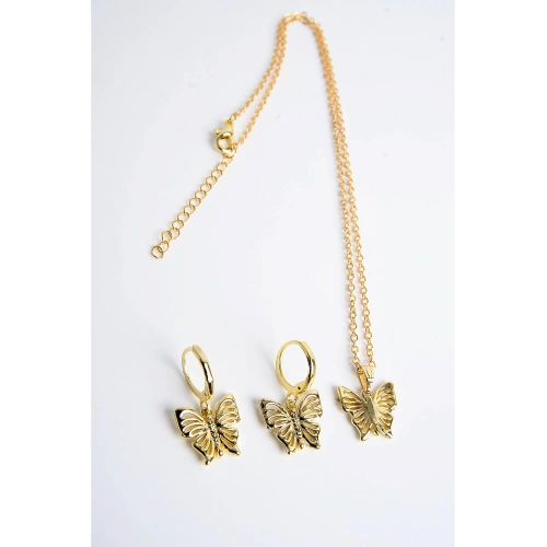 Kelebek Tasarımlı Gold Renkli Kolye Küpe Seti