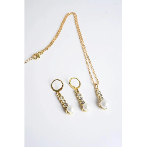 İnci ve Zirkon Taşlı Gold Renkli Kolye Küpe Seti