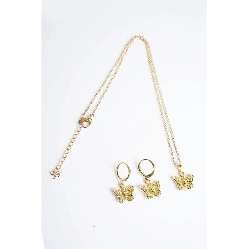 Kelebek Tasarımlı Gümüş Renkli Kolye Küpe Seti