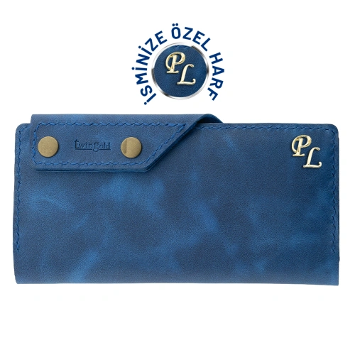 İsme Özel Dikey Çıtçıtlı Uzun Cüzdan - %100 Rainbow Deri - A010006 - Saks Mavisi