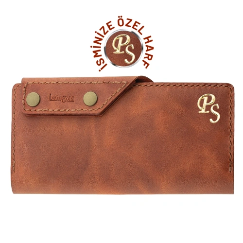İsme Özel Dikey Çıtçıtlı Uzun Cüzdan - %100 Rainbow Deri - A010006 - Tobacco
