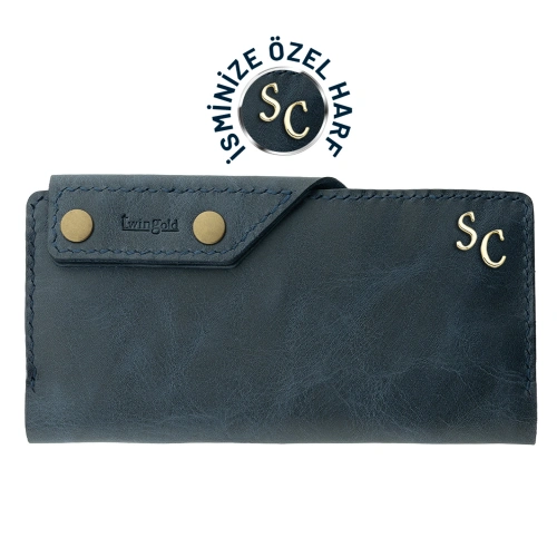 İsme Özel Dikey Çıtçıtlı Uzun Cüzdan - %100 Rainbow Deri - A010006 - Lacivert