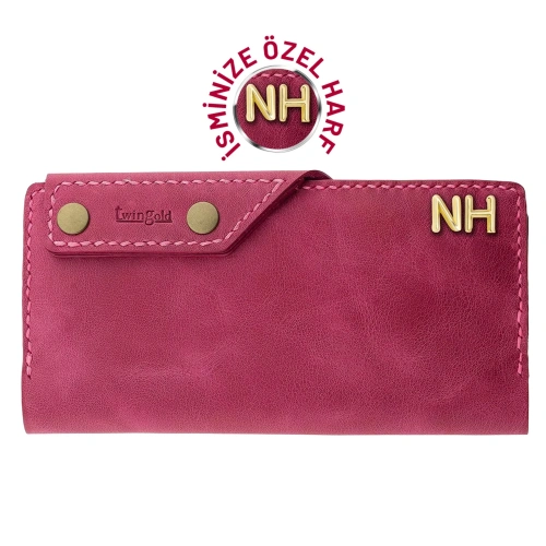 İsme Özel Dikey Çıtçıtlı Uzun Cüzdan - %100 Rainbow Deri - A010006 - Fuşya