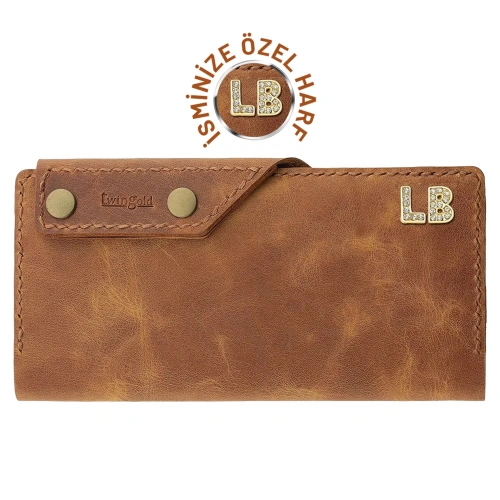 İsme Özel Dikey Çıtçıtlı Uzun Cüzdan - %100 Rainbow Deri - A010006 - Camel