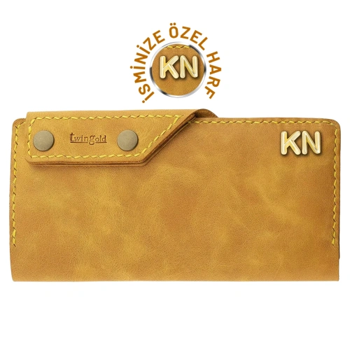İsme Özel Dikey Çıtçıtlı Uzun Cüzdan - %100 Rainbow Deri - A010006 - Hardal Sarısı