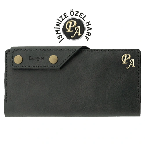 İsme Özel Dikey Çıtçıtlı Uzun Cüzdan - %100 Rainbow Deri - A010006 - Antrasit