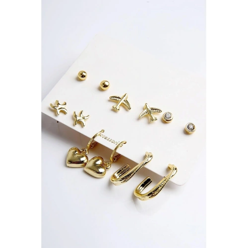 Kalp Yıldız ve Uçak Figürlü Gold Renkli Halka Tektaş ve Top Küpeli 6lı Unisex Küpe Seti