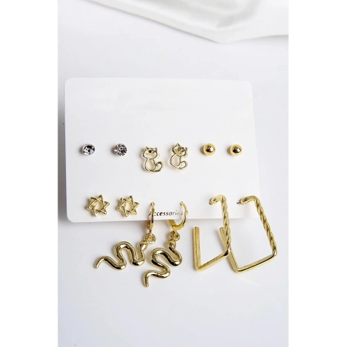 Yılan Kedi ve Yıldız Figürlü Gold Renkli Halka Tektaş ve Top Küpeli 6lı Unisex Küpe Seti