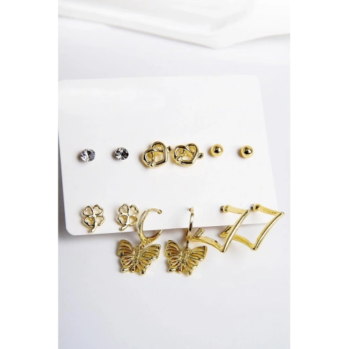 Kelebek Kalp ve Yonca Figürlü Gold Renkli Halka Tektaş ve Top Küpeli 6lı Unisex Küpe Seti
