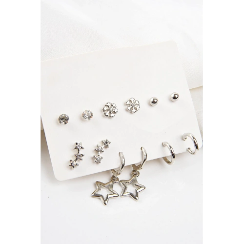 Yıldız Tasarımlı Kar Taneli Gold Renkli Sıralı Yıldızlı 12li Unisex Küpe Seti