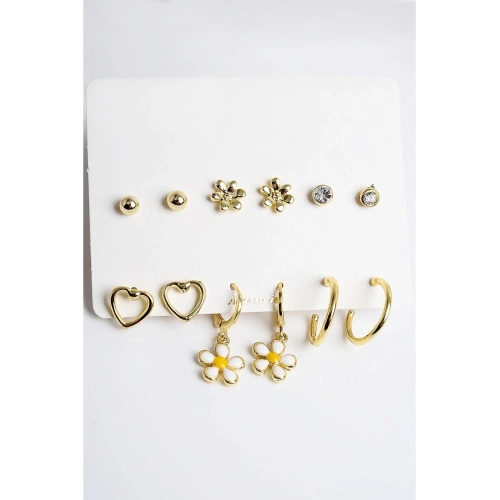 Kalp Ve Papatya Tasarımlı Halka Küpeli 12li Küpe Seti