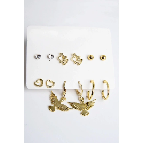 Kuş Kalp ve Köpek Figürlü Gold Renkli Halka Tektaş ve Top Küpeli 6lı Unisex Küpe Seti