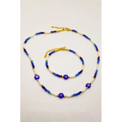 Nazar Boncuğu Figürlü Boncuklu Kolye ve Bileklik Takım