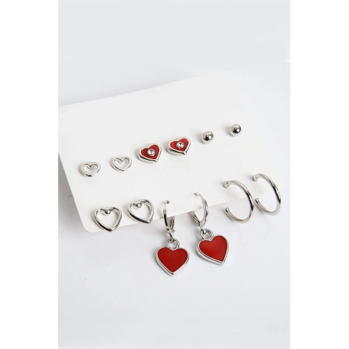 Kalp Tasarımlı Kırmızı Kalpli Halka ve Top Küpeli 6lı Küpe Seti
