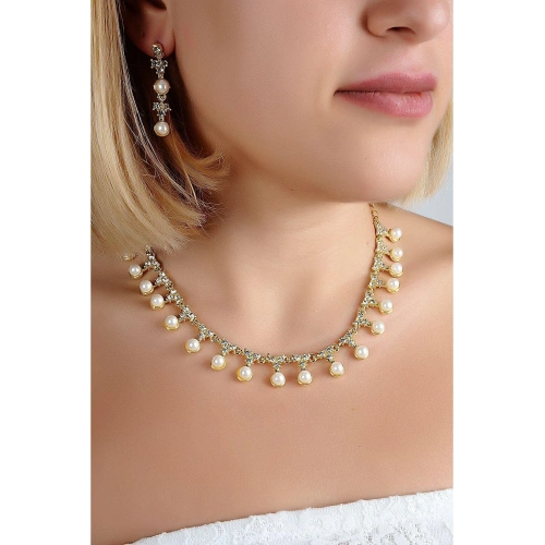 Özel Tasarımlı Turkuaz Taşlı Ve Zirkon Taşlı Kolye Küpe Takı Seti