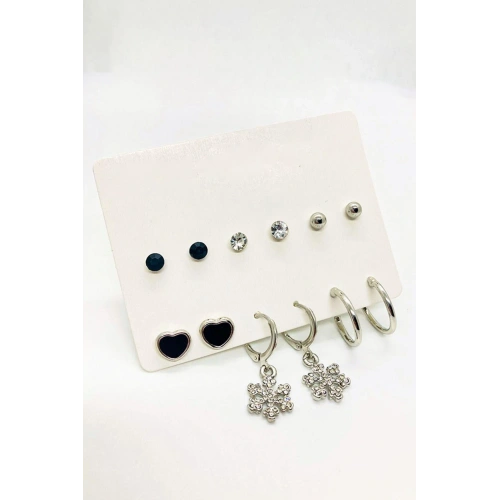 Kar Tanesi Tasarımlı Kalpli Tektaş ve Top Küpeli 6lı Küpe Set