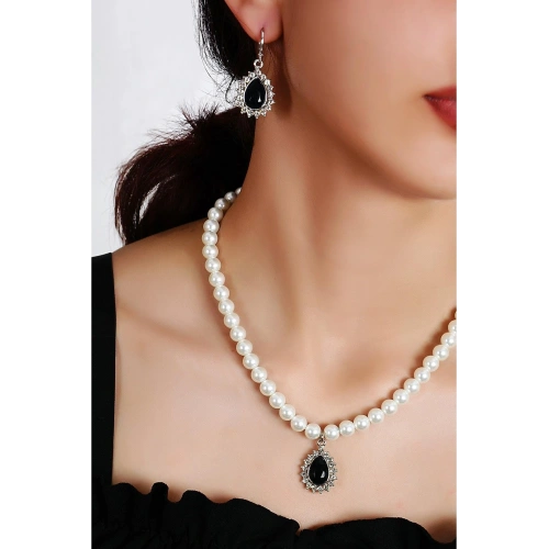 Damla Tasarımlı İnci ve Siyah Zirkon Taşlı Kolye Küpe Takı Set