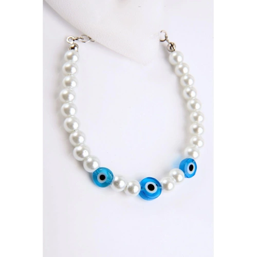 İnci Boncuklu Nazarlık Figürlü Gümüş Renkli Bileklik