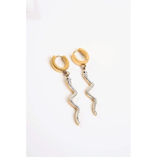 Yılan Tasarımlı Zirkon Taşlı Gold ve Gümüş Kaplamalı Çelik Sallantılı Küpe