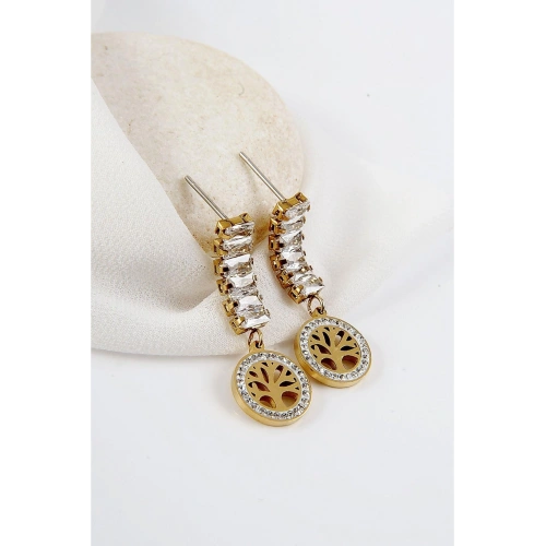 Yaşam Ağacı Tasarımlı Zirkon Taşlı Gold ve Gümüş Kaplamalı Çelik Sallantılı Küpe