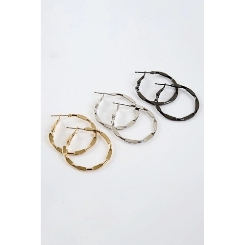 Gold Gümüş ve Siyah Renkleri 3lü Halka Küpe Seti