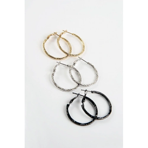 Gold Gümüş ve Siyah Renkleri 3lü Halka Küpe Seti