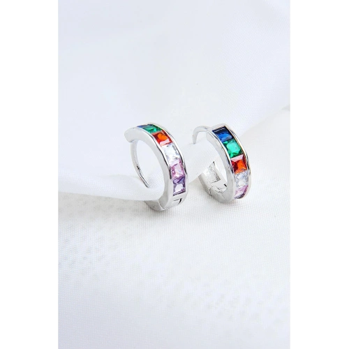 Çok Renkli Zirkon Taşlı Gümüş Kaplamalı Kancalı Küpe