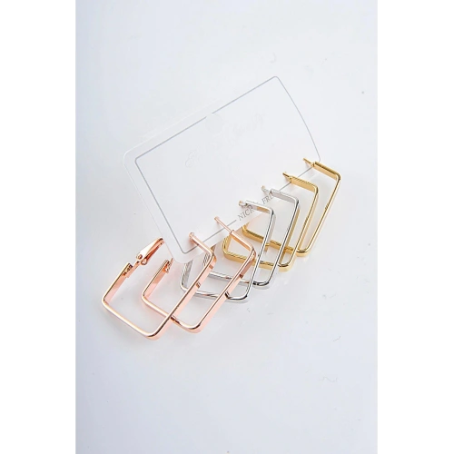 Dikdörtgen Tasarımlı Gold Gümüş Ve Rose Renk Sade Halka Set