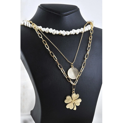 Yonca Tasarımlı Cam Incili Yüksek Kaliteli 3lü Zincirli Kolye