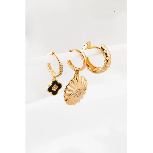 Göz Ve Çiçek Tasarımlı Halka Küpeli Gold Renkli Kancalı Sallantılı Küpe