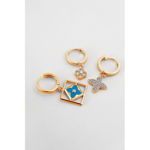 3 Model Çiçekli Zirkonium Taşlı Gold Renkli Kancalı Sallantılı Küpe