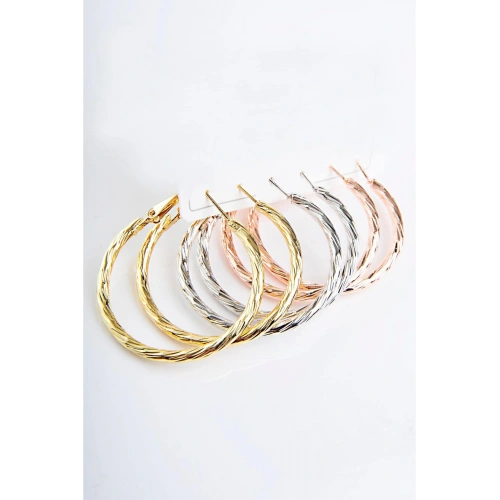 Tırtıklı Halka Tasarımlı Gold Gümüş Ve Rose Renk Sade Halka Set