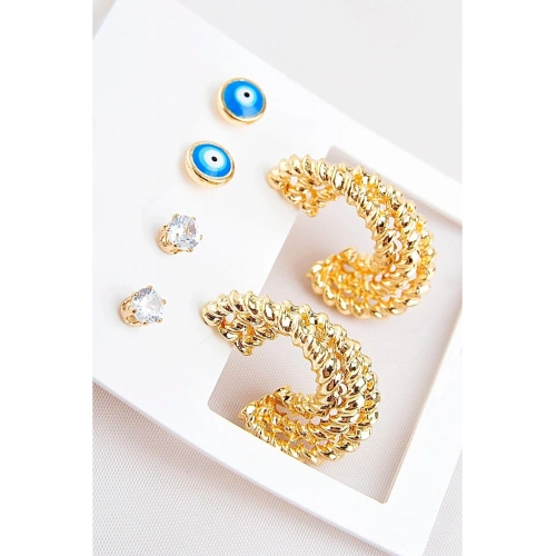 Zirkonium Nazarlık Tasarımlı Halka Ve Tektaş Küpeli 6lı Küpe Seti